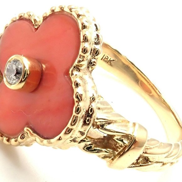 Rare! Authentic Van Cleef & Arpels Alhambra 18k Yellow Gold Coral Diamond Ring - Picture 5 of 10